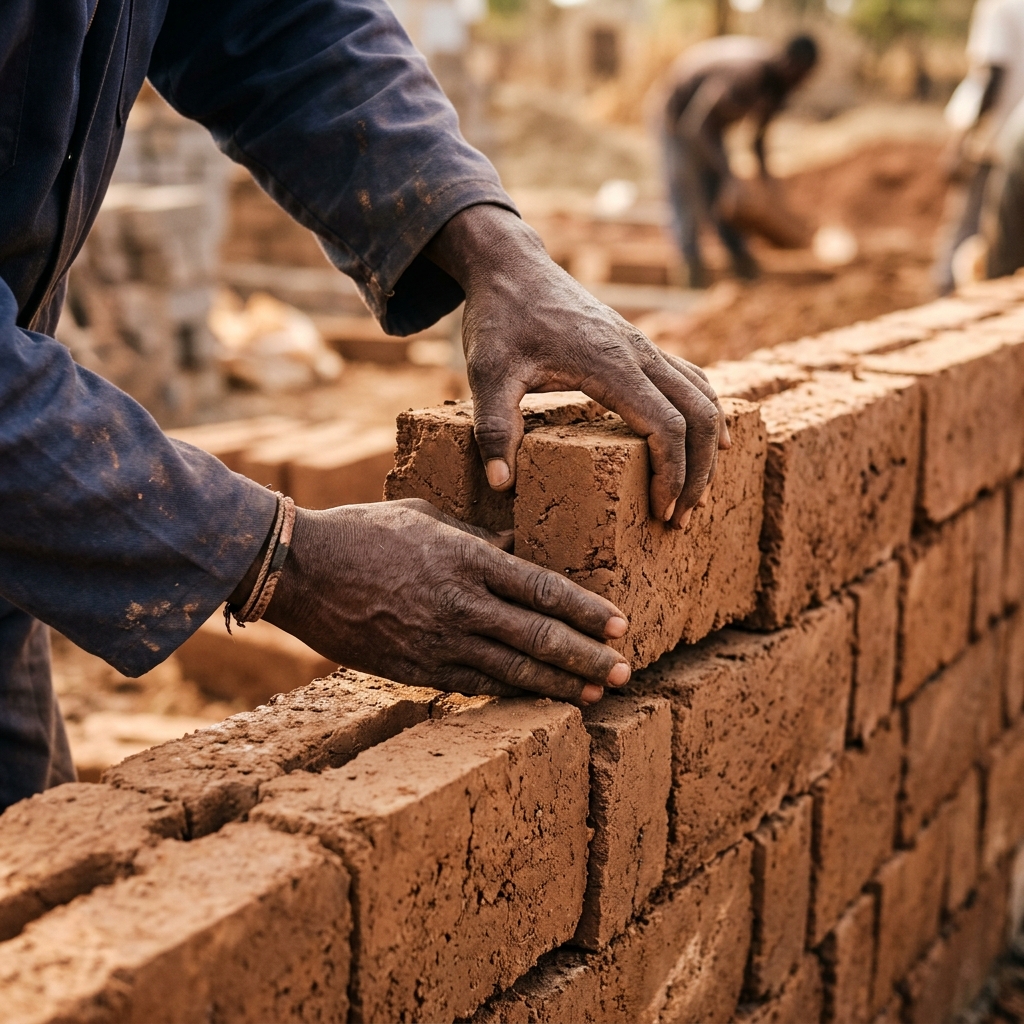 Hands building with compressed earth blocks