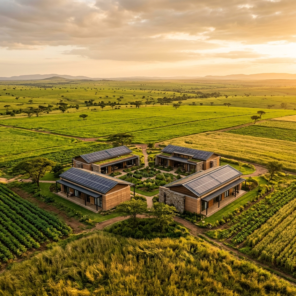 African farmland at golden hour with sustainable homes